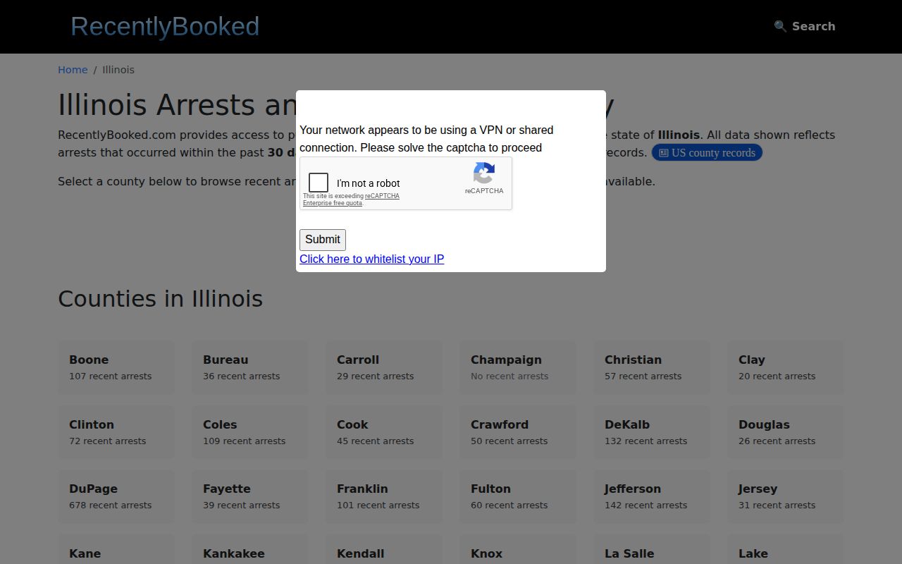 RecentlyBooked Illinois page showing its stated county coverage and recent-booking window