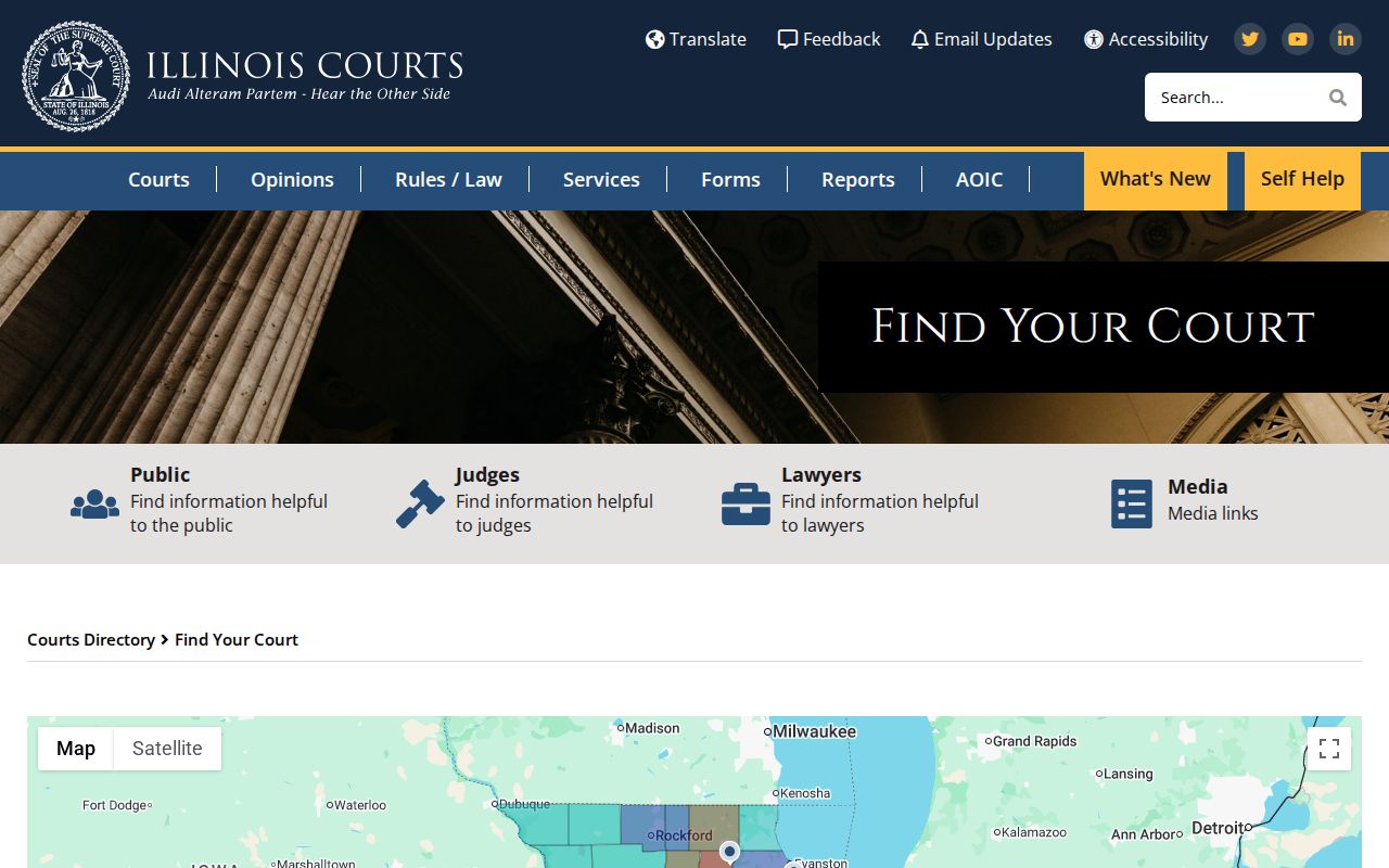 Illinois Courts county map used to identify a circuit court and clerk