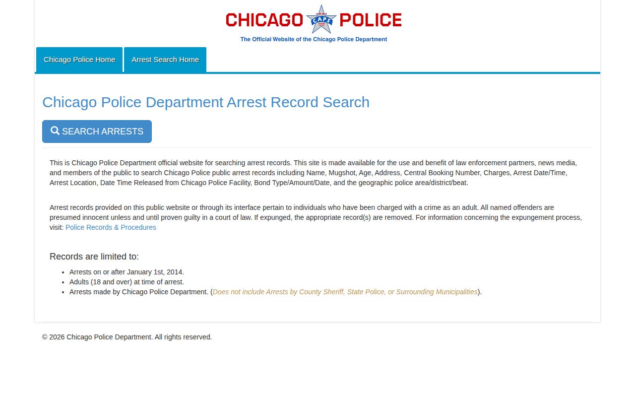 Illinois Chicago Police arrest-record search showing the CPD-only record scope