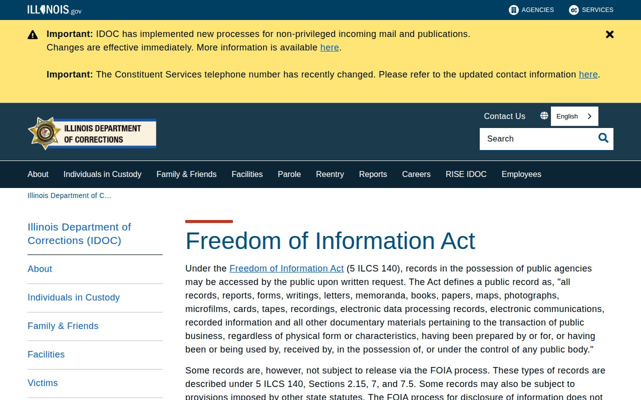 Illinois Department of Corrections Freedom of Information Act page with request and fee guidance