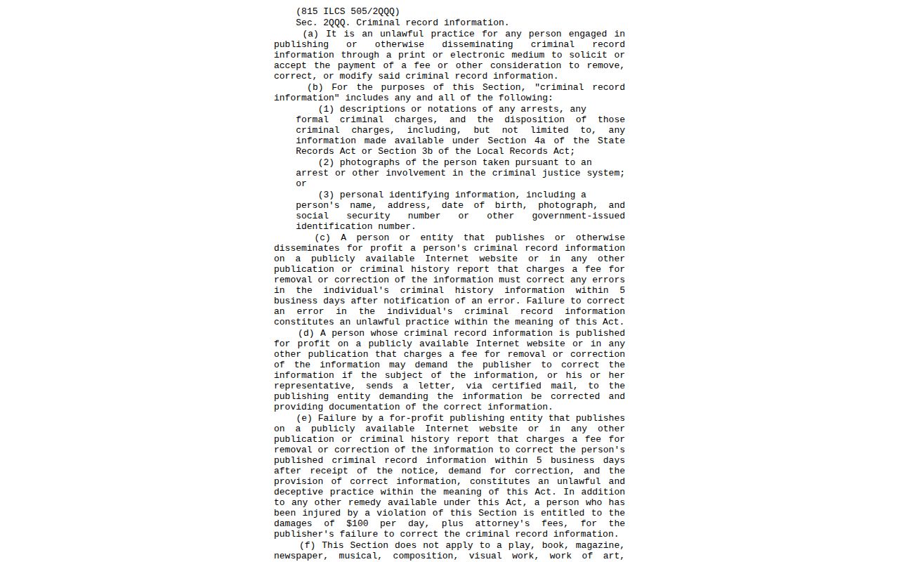 Illinois anti-pay-to-remove law sections covering corrections and exclusions