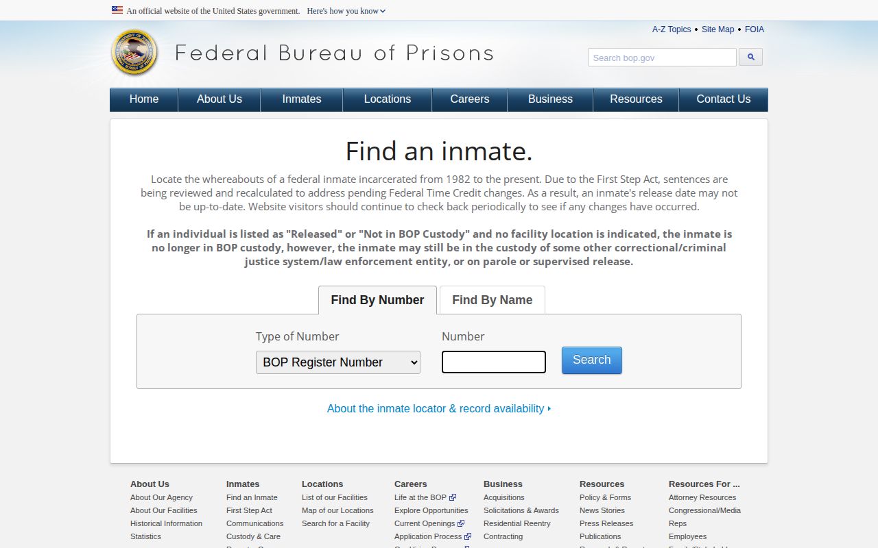 Federal Bureau of Prisons inmate locator with name and register number search