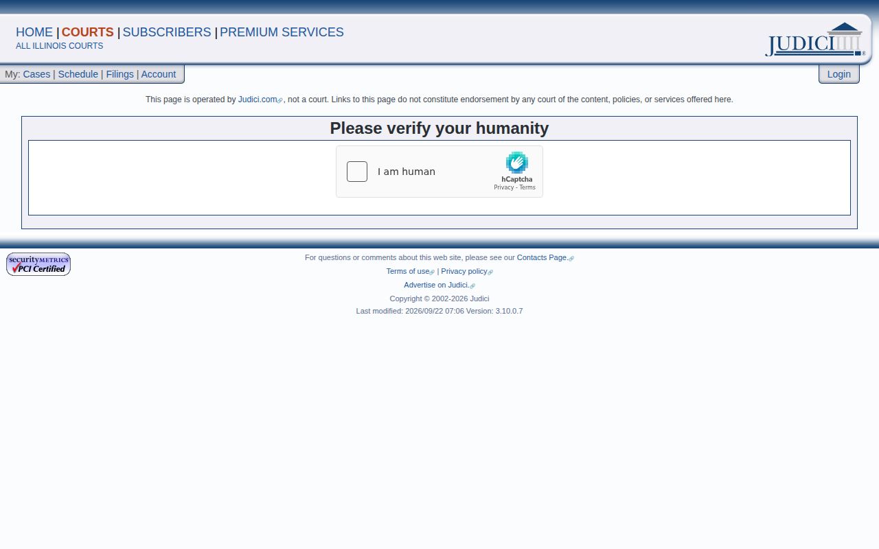 Judici case search showing a participating-county court lookup, not a statewide warrant check