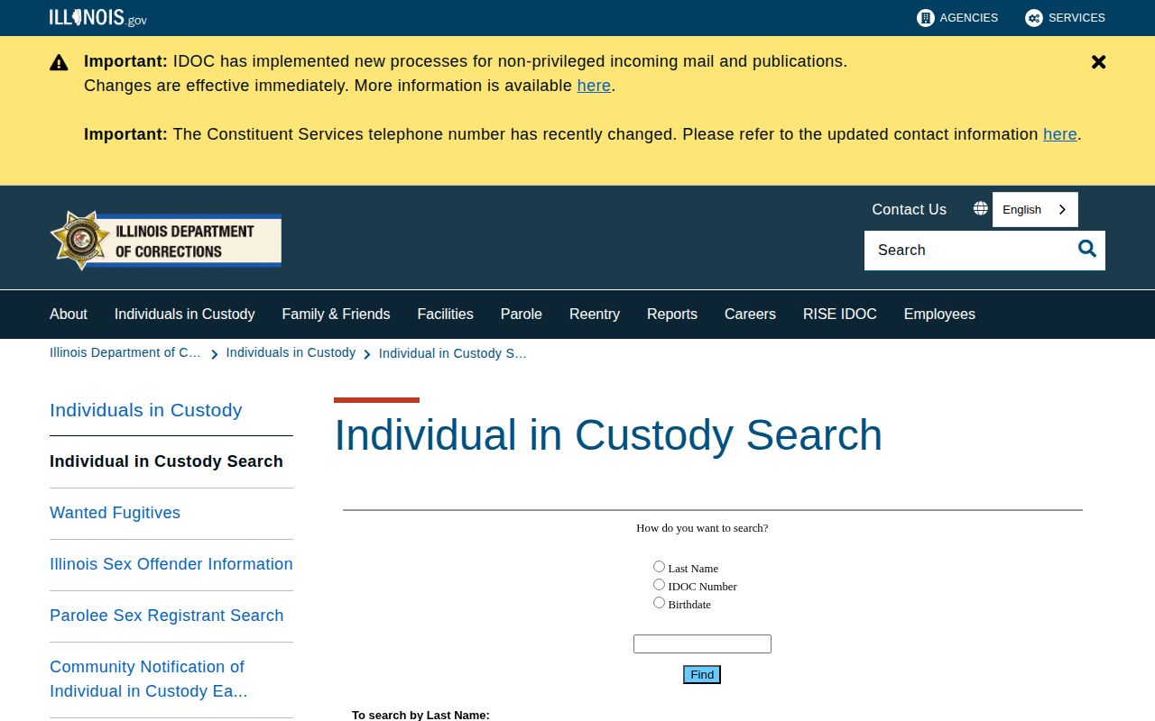 Illinois IDOC offender search fields for names, agency numbers, and birthdates