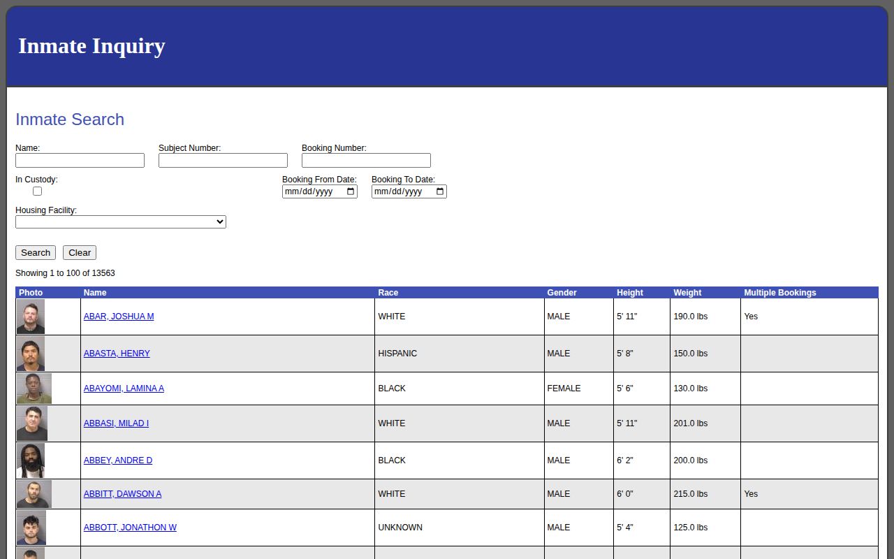 Will County Illinois roster search fields and booking photo column