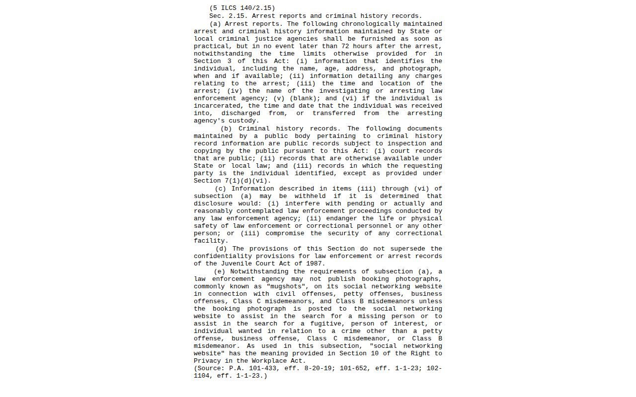 Illinois arrest record access and booking photo rule in section 2.15