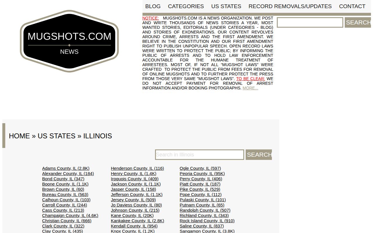 Mugshots.com Illinois state page with an unofficial-source notice