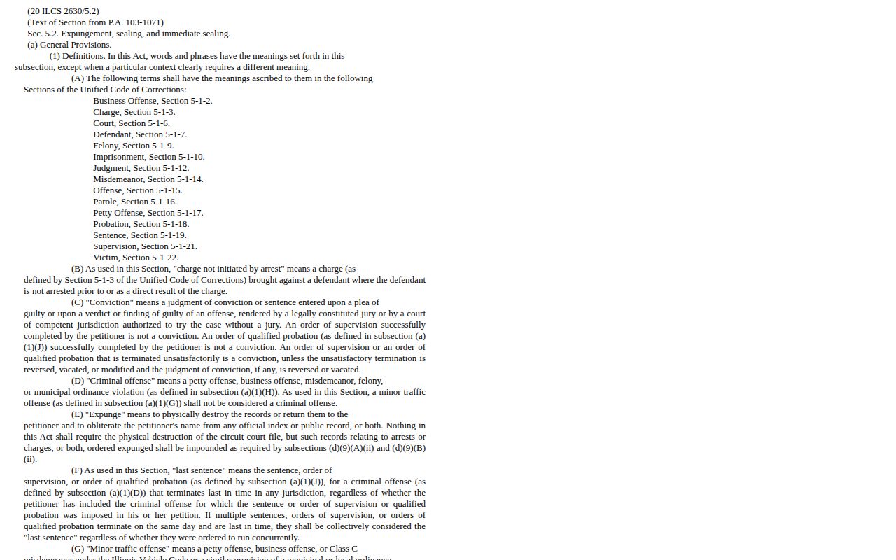 Illinois expungement and sealing statute defining eligibility and agency notice for criminal records